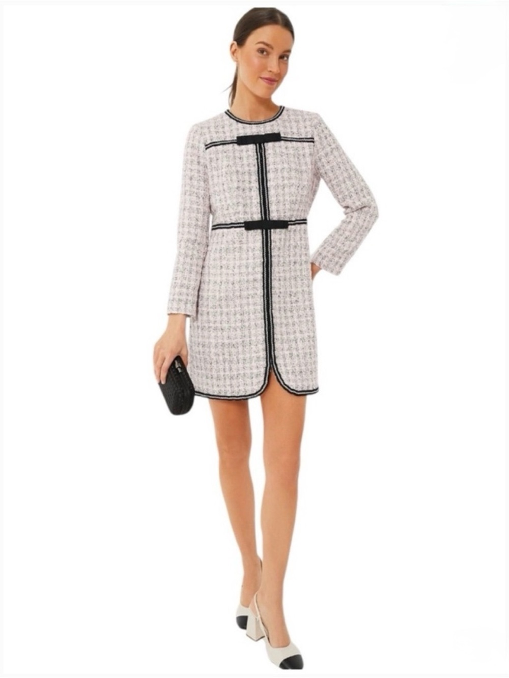 Pomander Place | Pink Boucle Dress with Black Bow Detail, M
